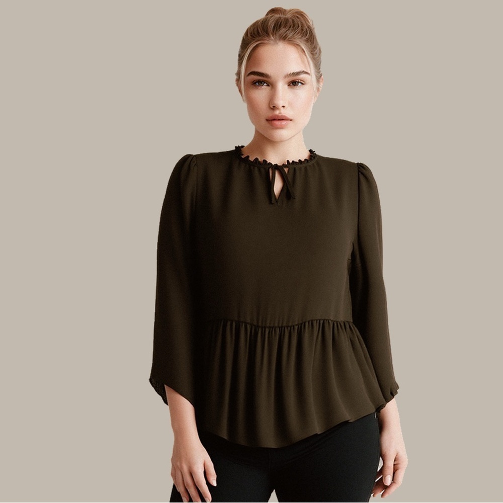 Ann Taylor loft plus brownish/ pewter flowy tie neck flounce top ❤️
